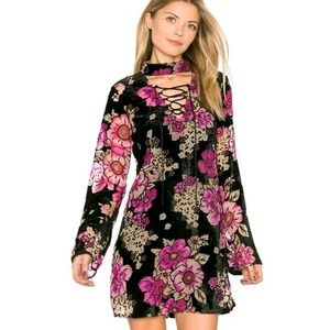 Band of Gypsies Black Pink Velvet Tunic Dress Top Lace Up Sheer Choker Floral S
